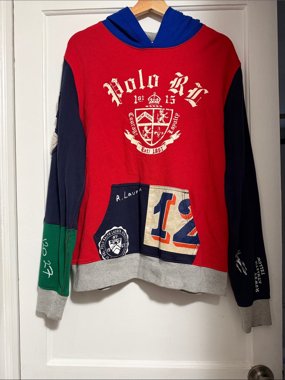 Polo by Ralph Lauren Red Patchwork Hoodie with Blue Hood and Green Sleeve